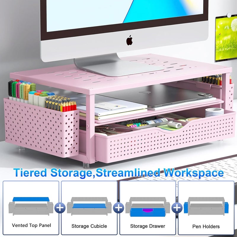 gianotter Desk Organizers and Accessories, Monitor Stand with Drawer and 2 Pen Holder, Desktop Organizer Suitable for Offices and Dormitories (Pink) - Image 2
